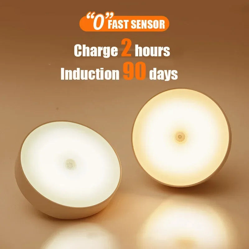 Two round night lights with text indicating fast sensor charging and long induction period on a brown background.
