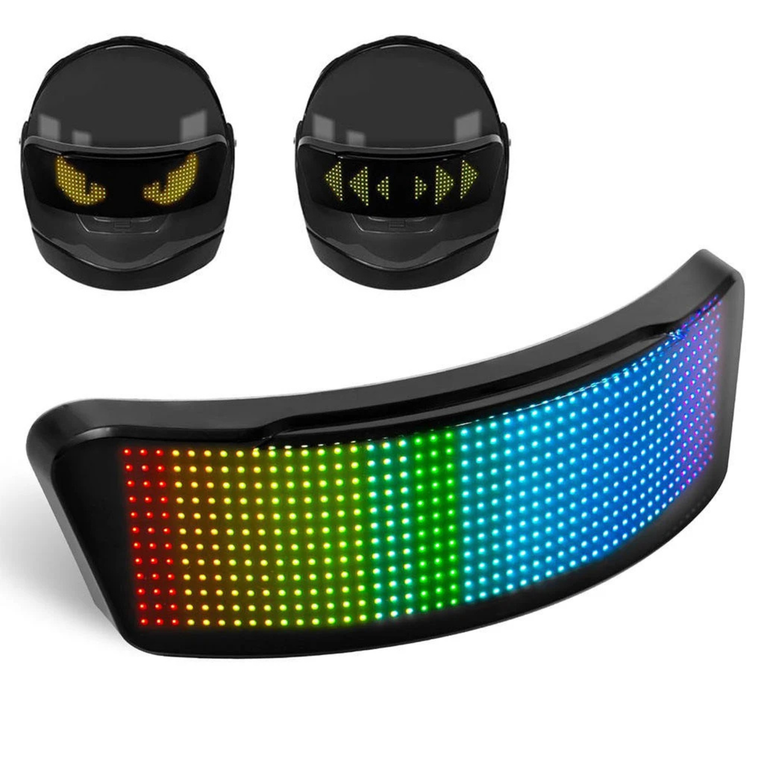 Two black motorcycle helmets with LED face displays and a large LED panel below on a white background.
