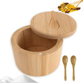 Wooden storage container with lid and spoons on a white background