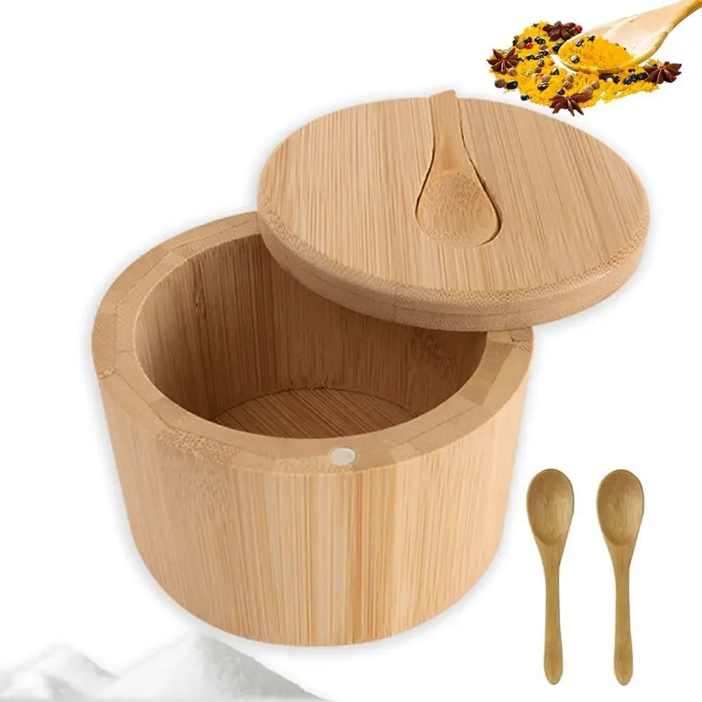 Wooden storage container with lid and spoons on a white background