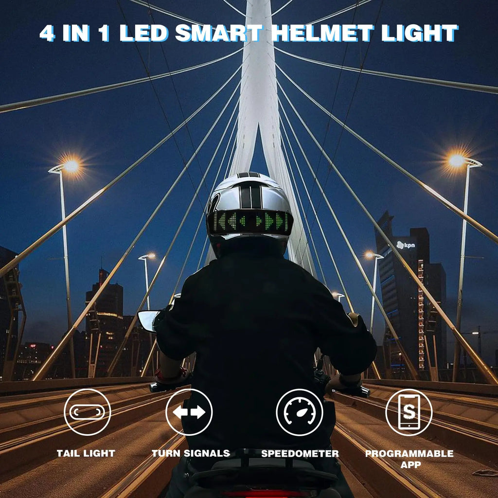 Person on a motorcycle wearing a 4-in-1 LED smart helmet light with a cityscape background.