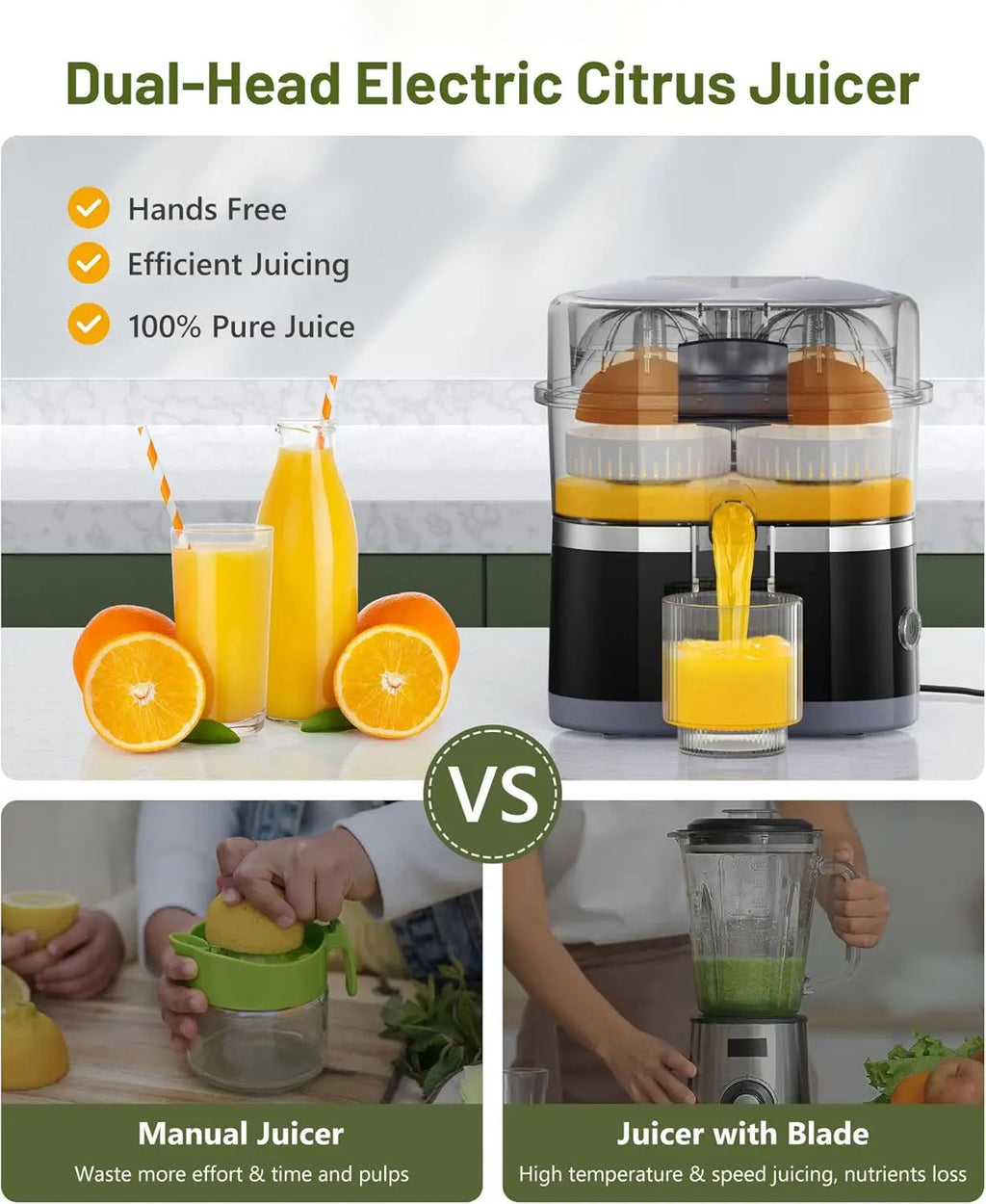 Dual-head electric citrus juicer with images of oranges, juice, and a comparison with manual and blade juicers.
