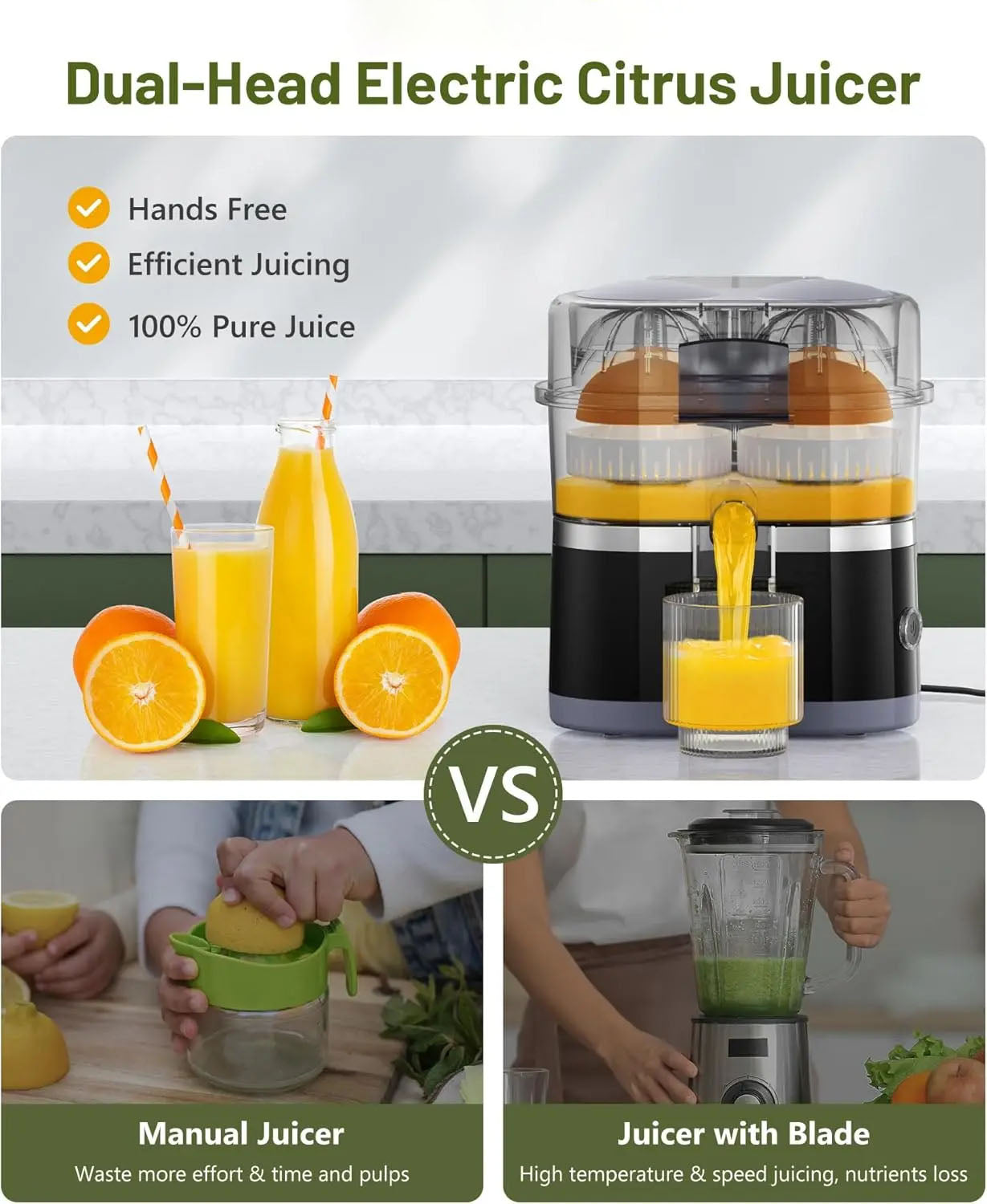 Dual-head electric citrus juicer with images of oranges, juice, and a comparison with manual and blade juicers.