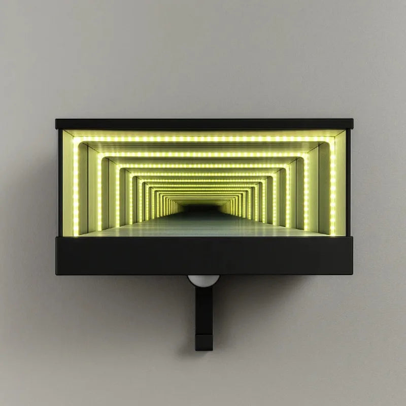 Modern wall-mounted light fixture with LED tunnel effect on a gray background