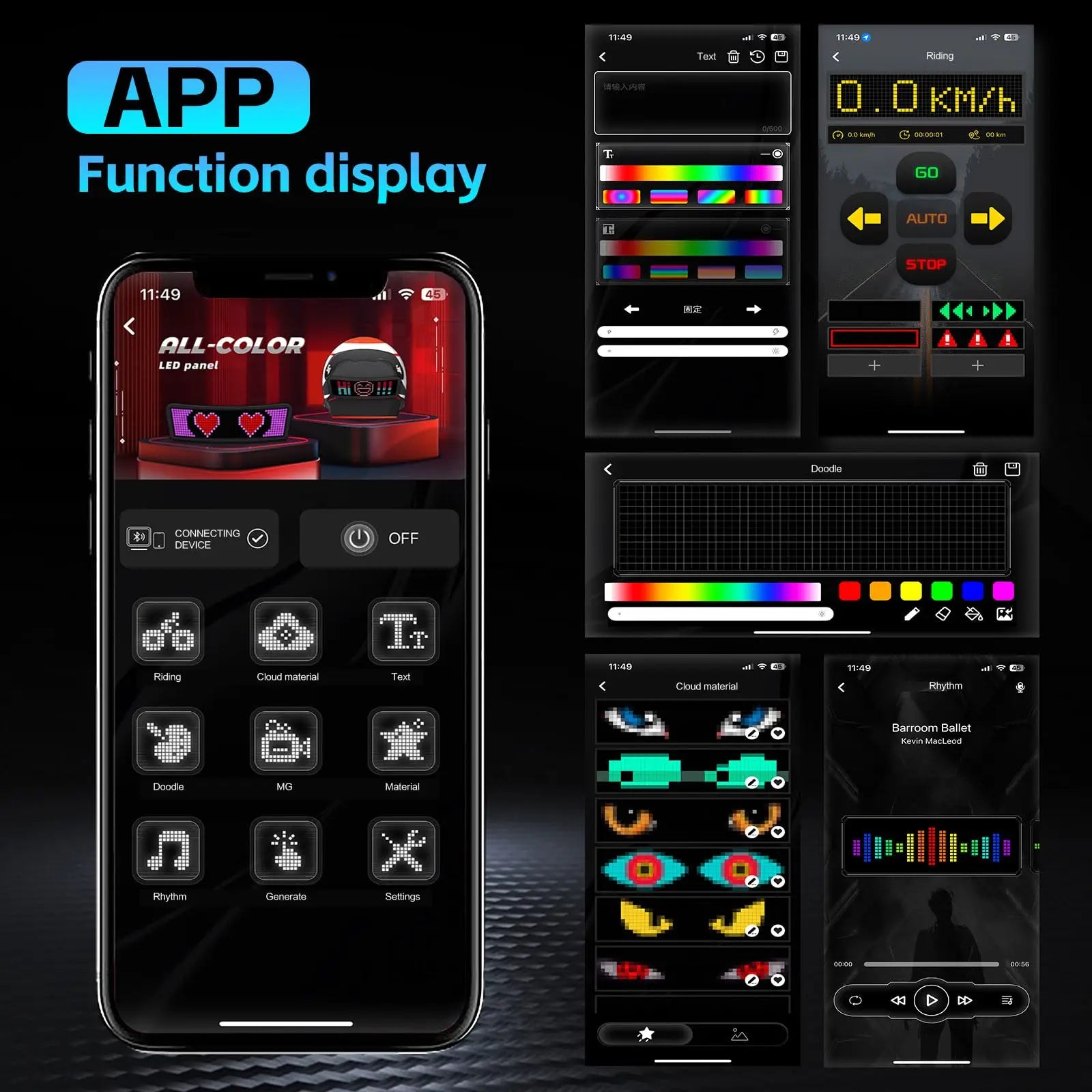 Smartphone displaying app interface with various LED panel control options on a dark background