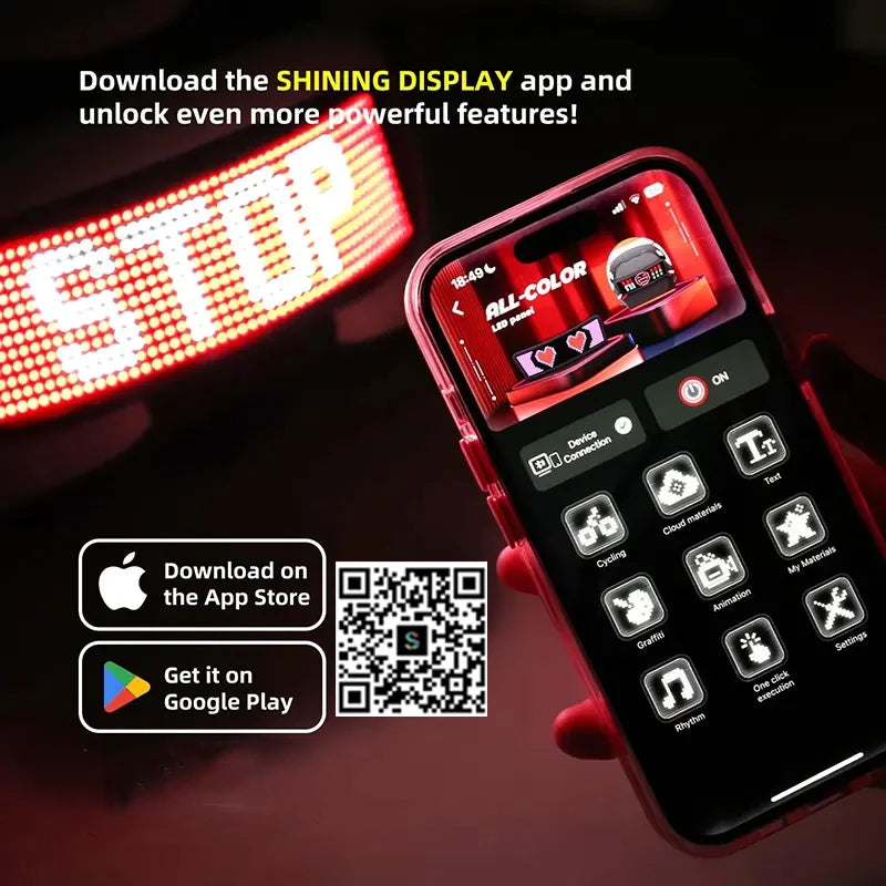 Smartphone displaying LED display app interface with 'STOP' sign and app store download information.