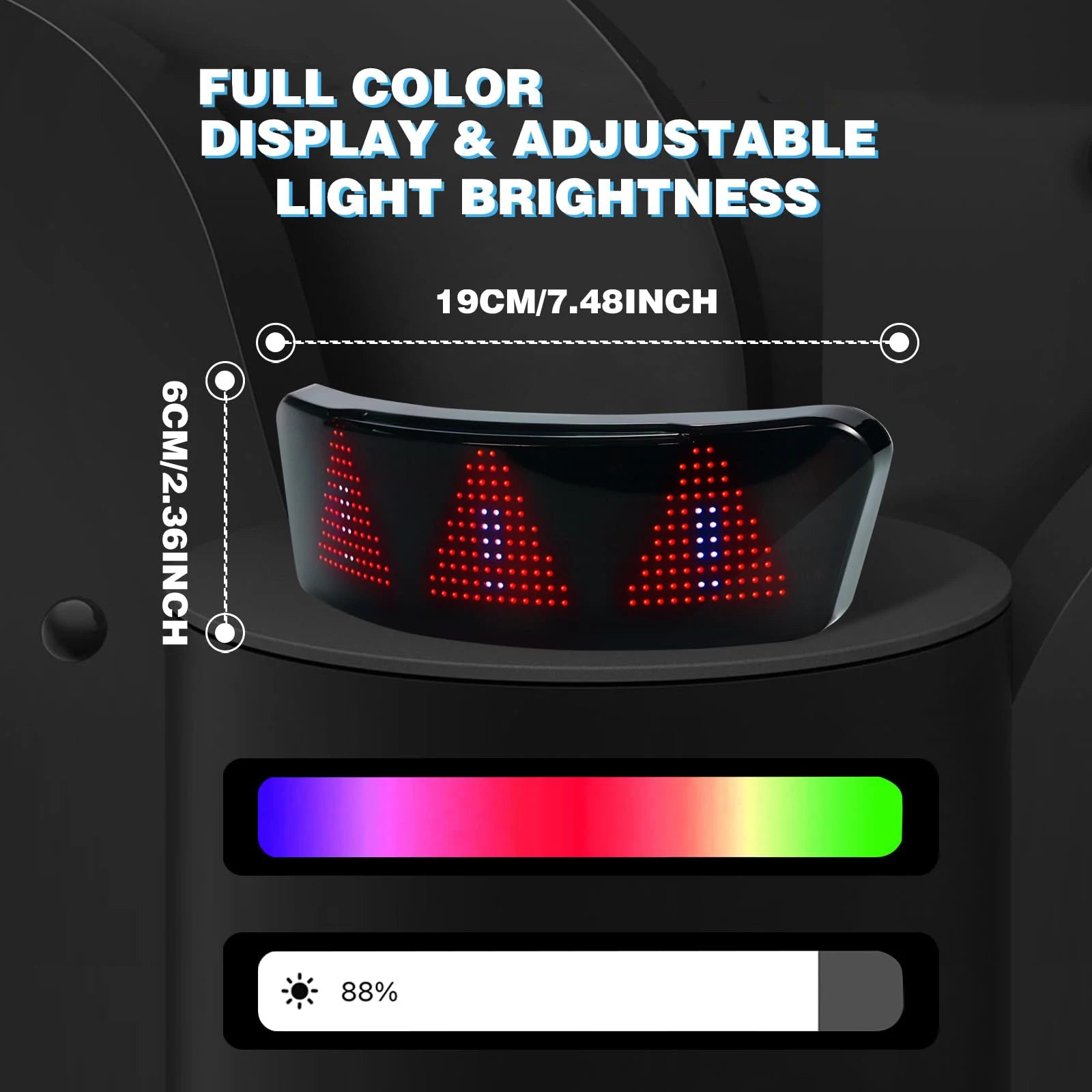 LED display with adjustable light brightness and full color capability on a black background