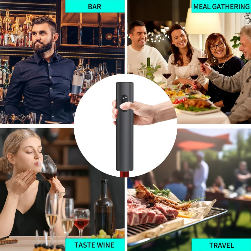 Collage of people enjoying wine in various settings with a central focus on a wine opener.