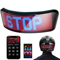 LED helmet display with 'STOP' text, remote control, and smartphone app interface on a white background.