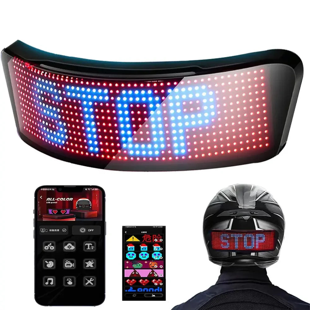 LED helmet display with 'STOP' text, remote control, and smartphone app interface on a white background.